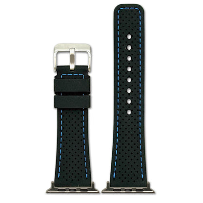 Perforated Sport Silicone Watch Band for Apple Watch - Black, Blue Stitch