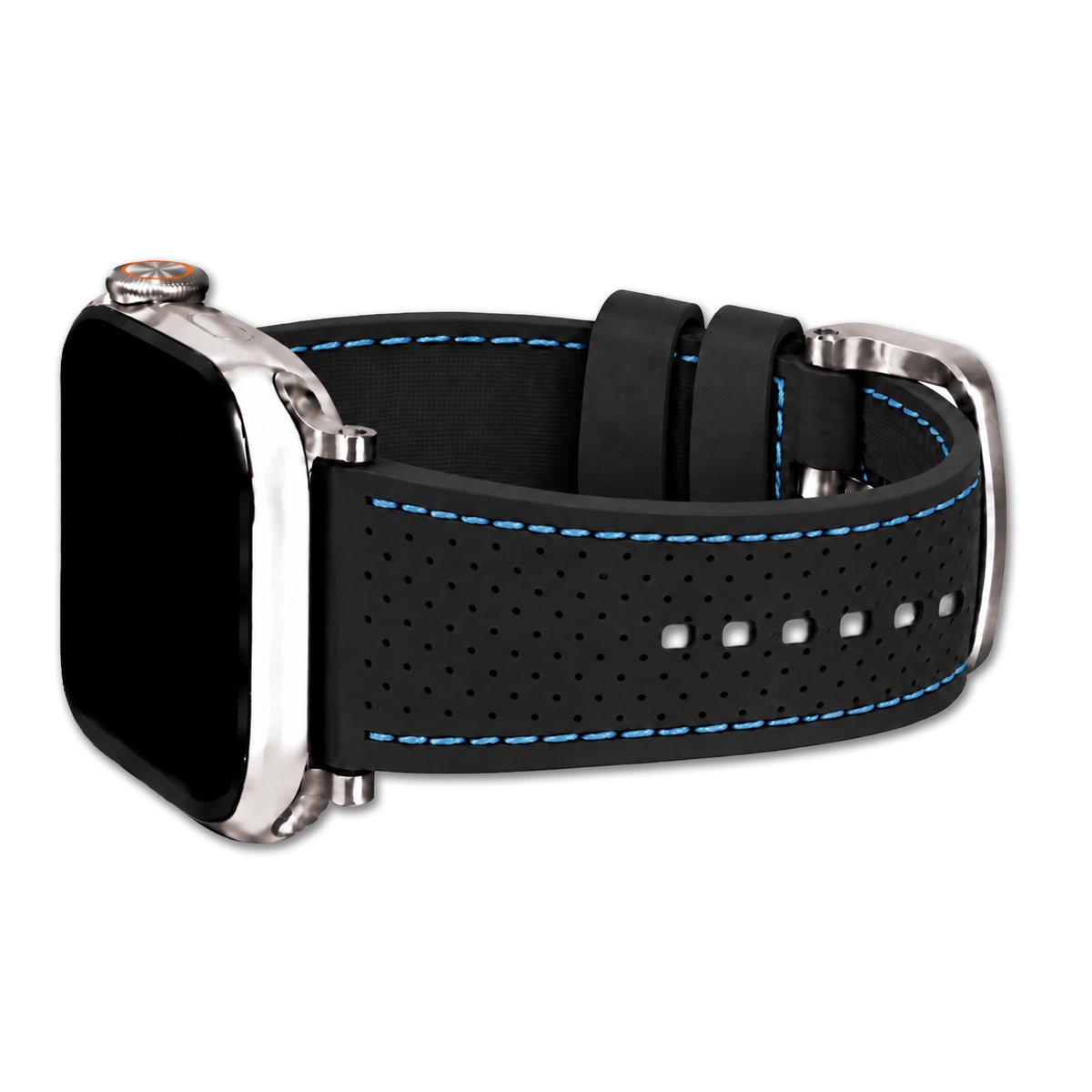 Perforated Sport Silicone Watch Band for Apple Watch - Black, Blue Stitch