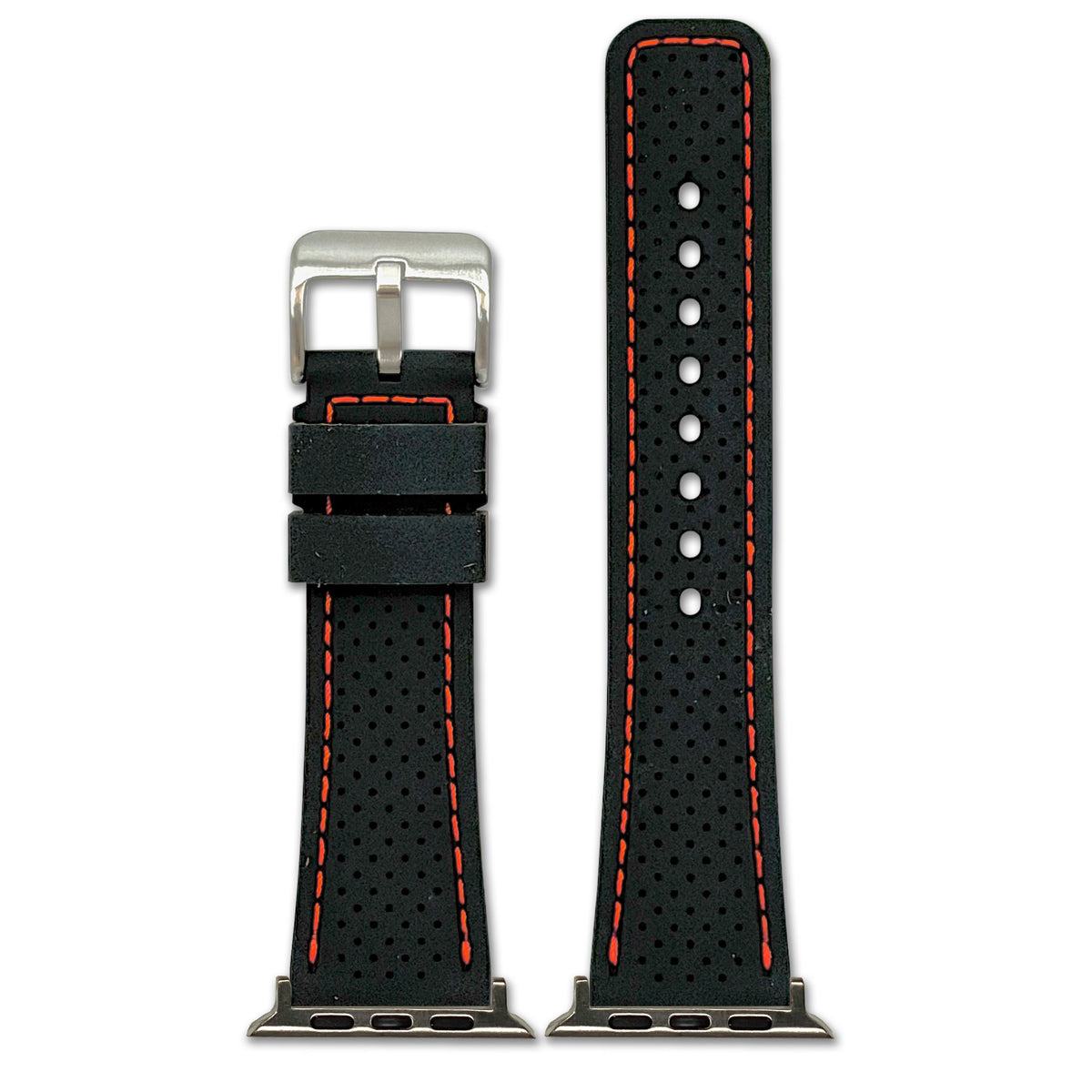 Perforated Sport Silicone Watch Band for Apple Watch - Black, Red Stitch