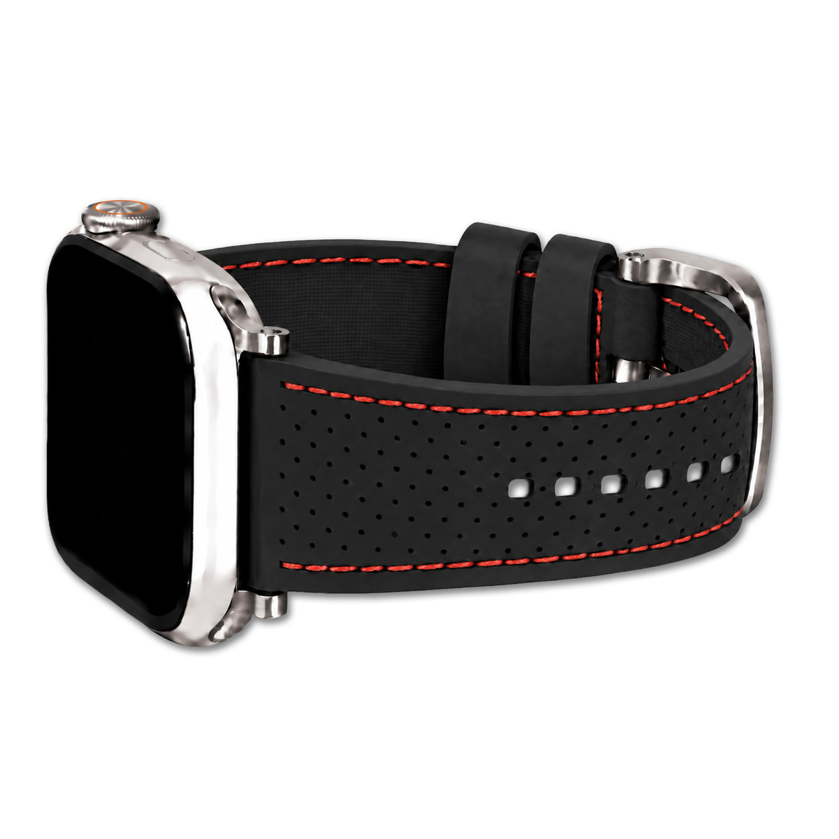 Perforated Sport Silicone Watch Band for Apple Watch - Black, Red Stitch