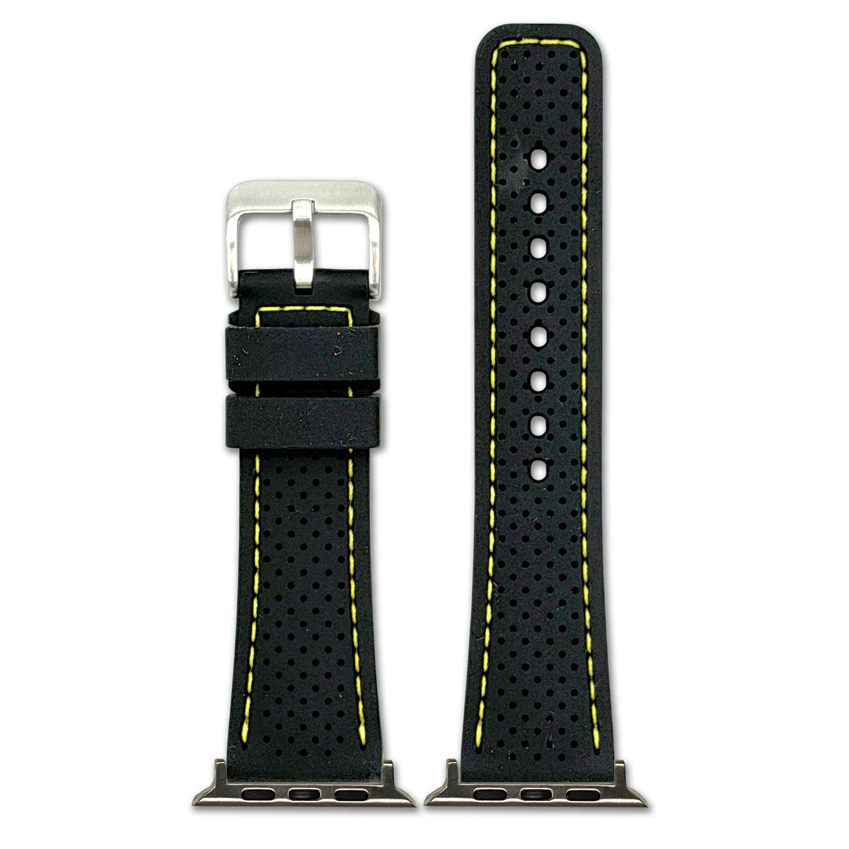 Perforated Sport Silicone Watch Band for Apple Watch - Black, Yellow Stitch
