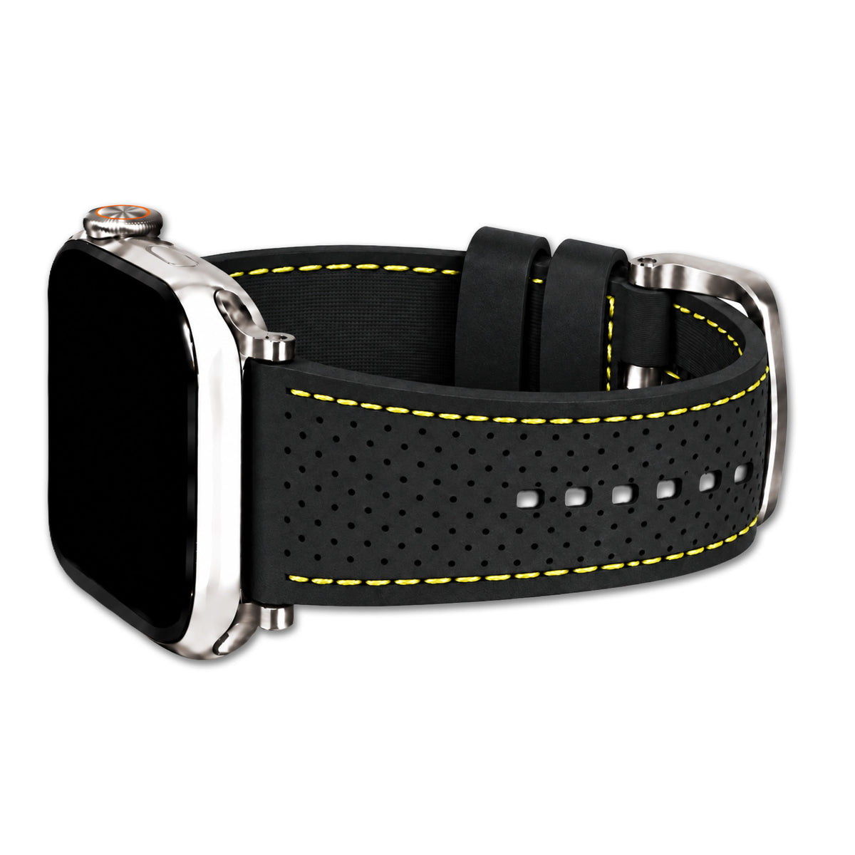 Perforated Sport Silicone Watch Band for Apple Watch - Black, Yellow Stitch