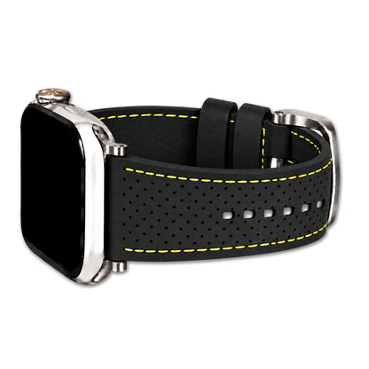 Perforated Sport Silicone Watch Band for Apple Watch - Black, Yellow Stitch