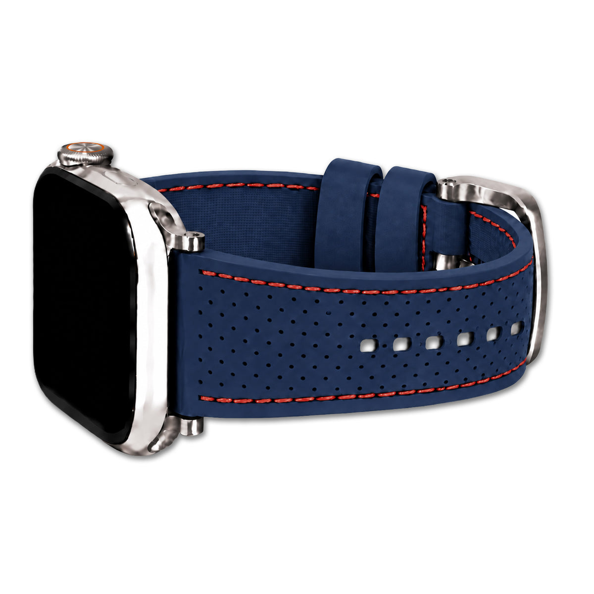 Perforated Sport Silicone Watch Band for Apple Watch - Blue, Red Stitch