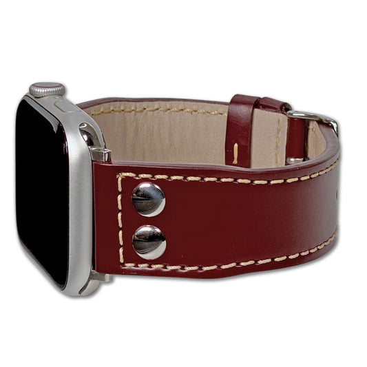Apple Watch | Calf Leather Pilot Style Watch Band | Burgundy | White Stitch