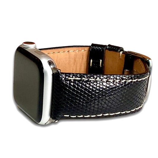 Apple Watch | Semi-Gloss Genuine Lizard Watch Band | Classic | Black | White Stitch