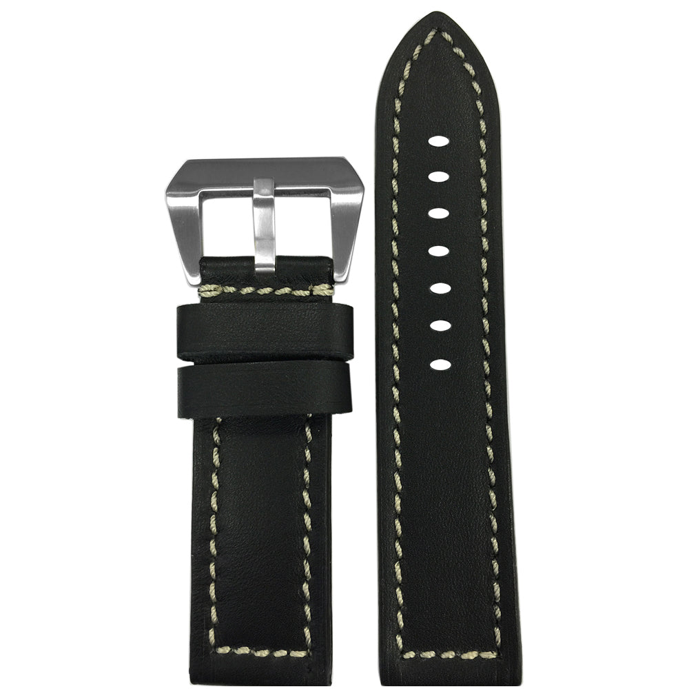 Black 190 Soft Calf Leather Watch Band | Flat | White Stitch