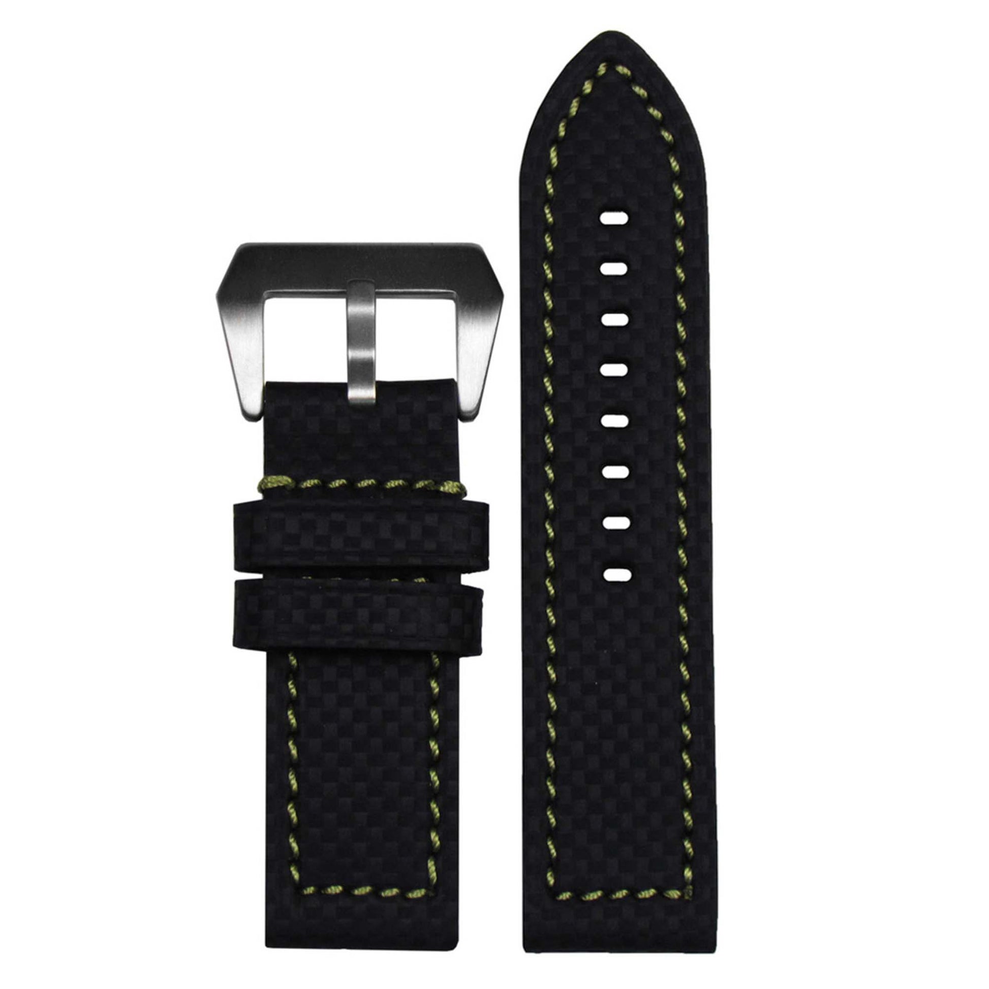 Black Carbon Fiber Style Watch Band | Flat | Coramid | Green Stitch