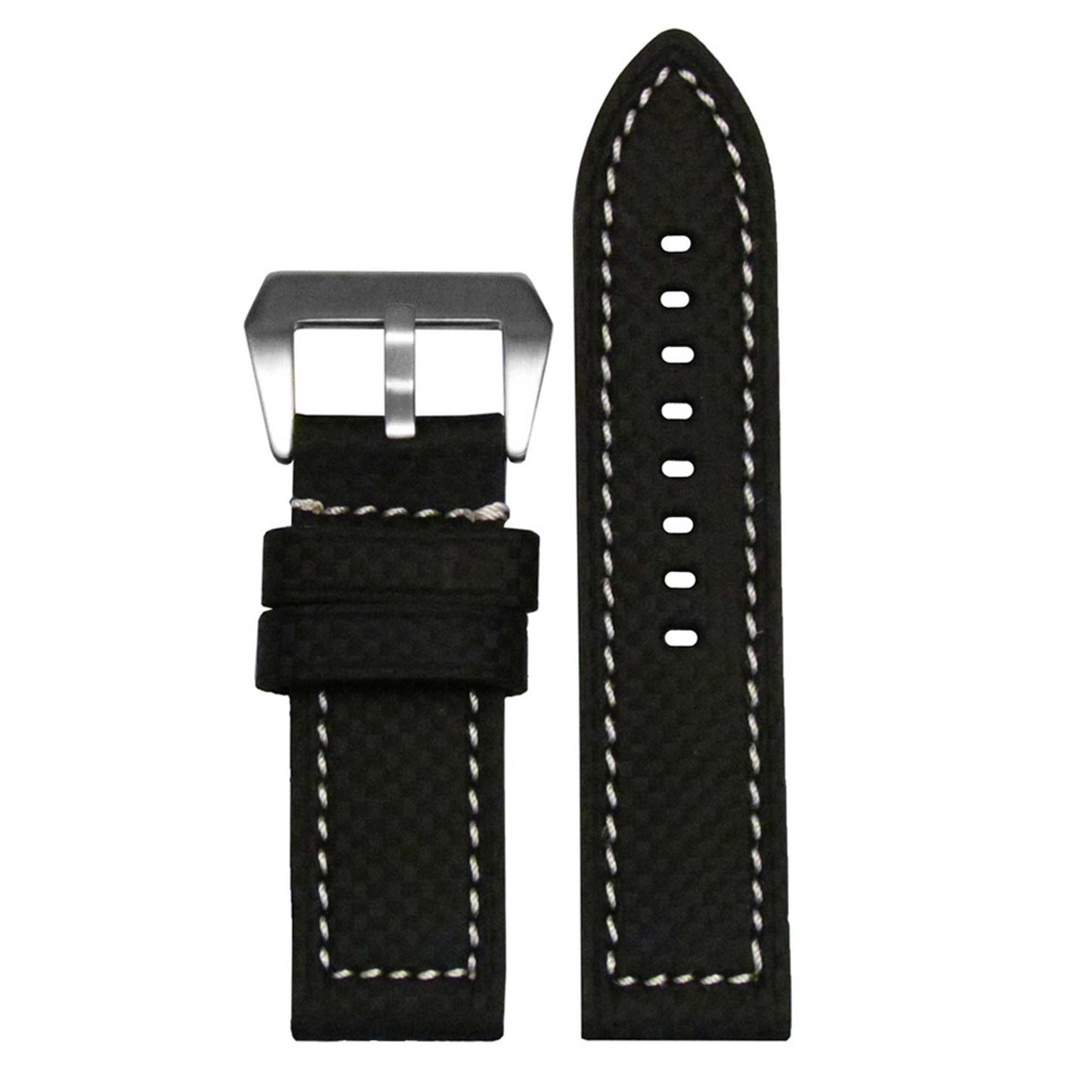 Black Carbon Fiber Style Watch Band | Flat | Coramid | White Stitch