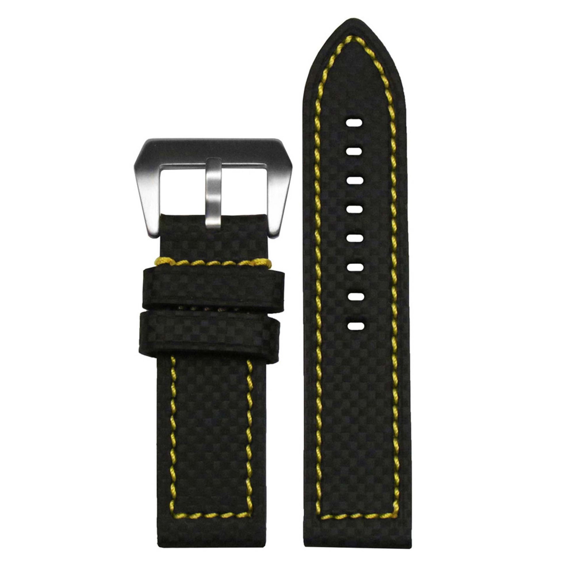 Black Carbon Fiber Style Watch Band | Flat | Coramid | Yellow Stitch