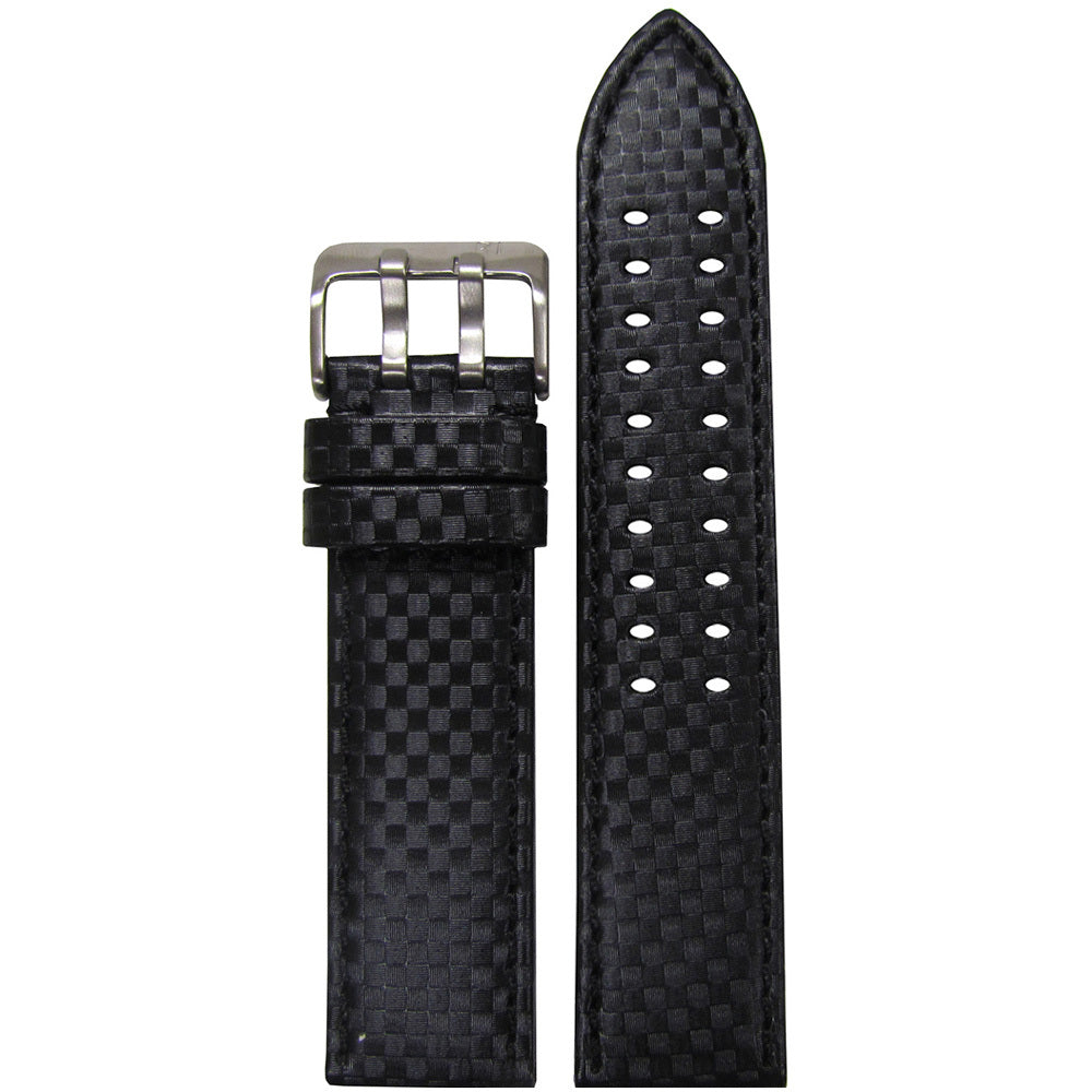 Black Carbon Fiber Style Watch Band | Black Stitch | Stainless Steel Double Tang Buckle