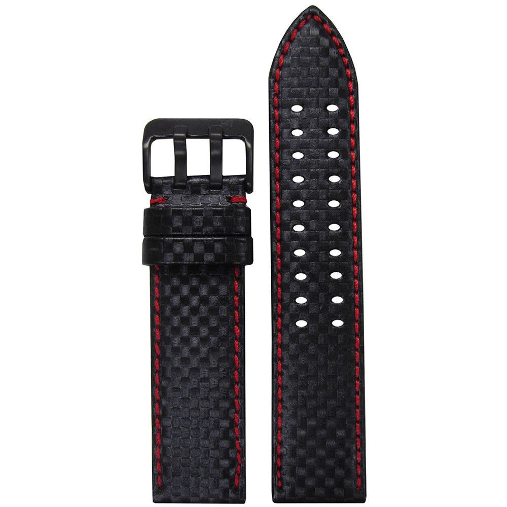 Black Carbon Fiber Style Watch Band | Red Stitch | PVD (Black) Double Tang Buckle