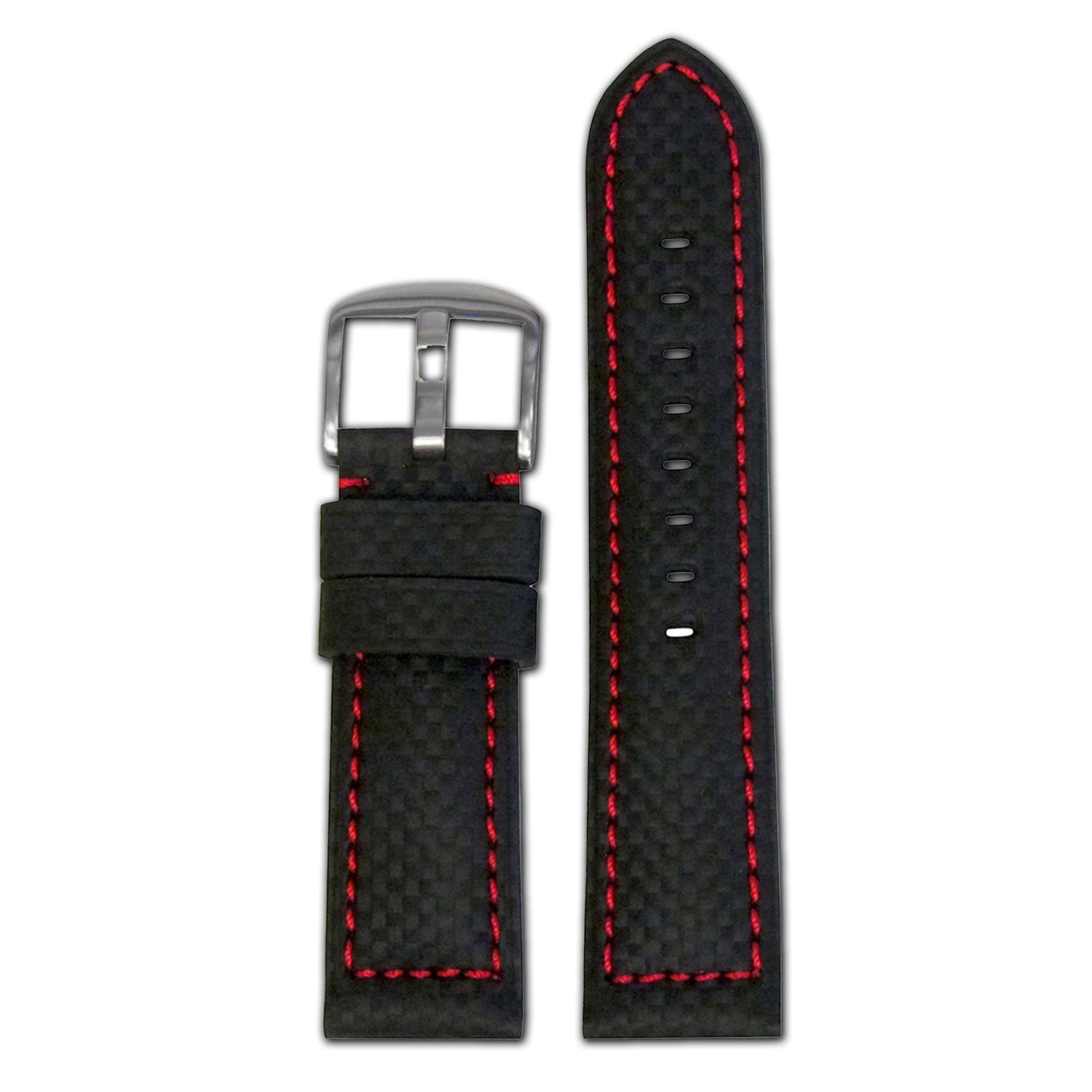 Black Carbon Fiber Style Watch Band | Sport | Red Stitch