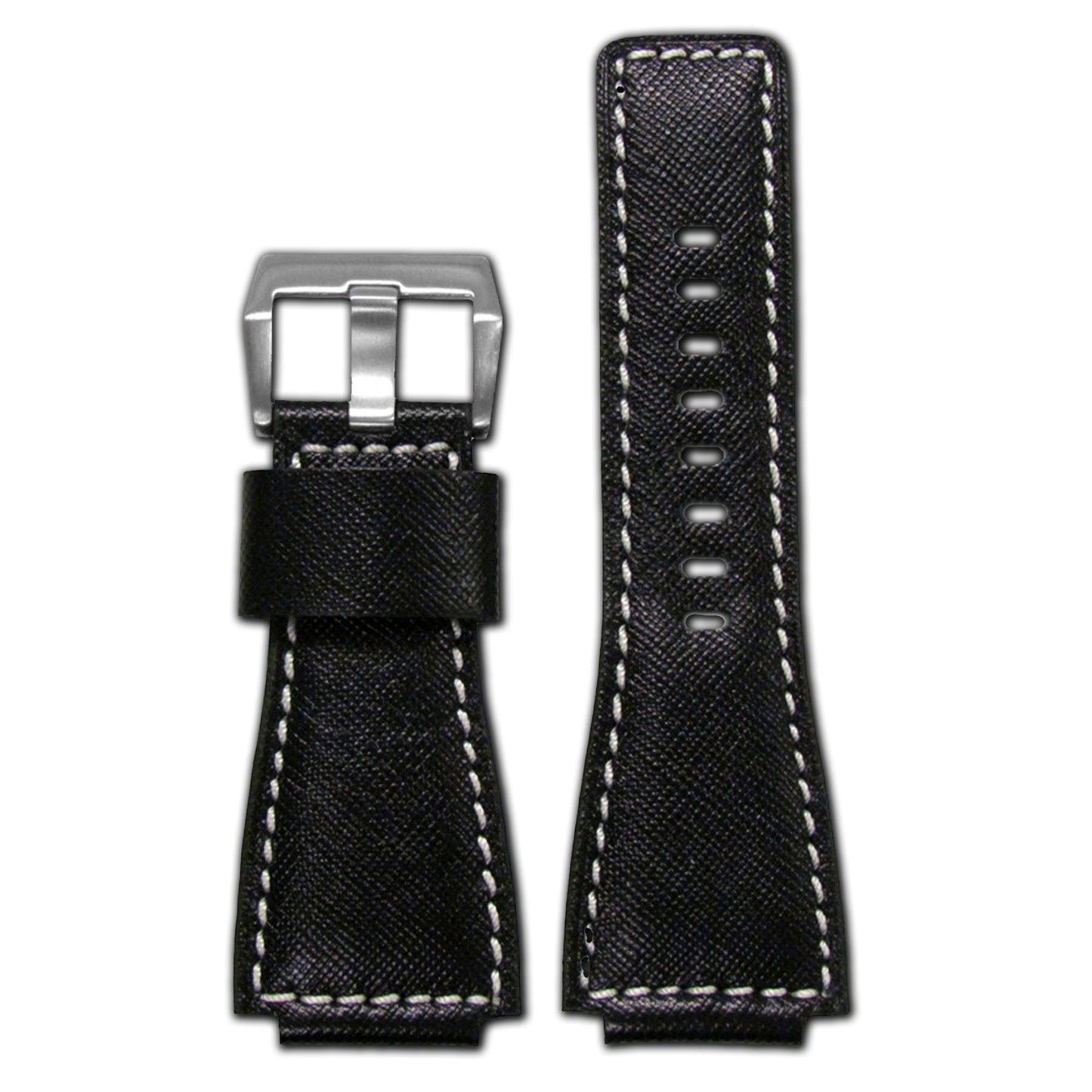 Leather Diamond "KVLR" Watch Band | Black | White Stitching | for Bell & Ross