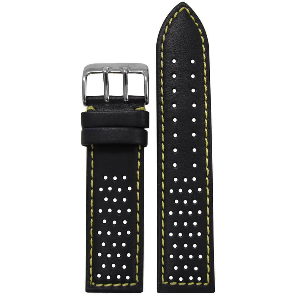 Black Perforated Leather Watch Band | Sport | Yellow Stitch and Backing