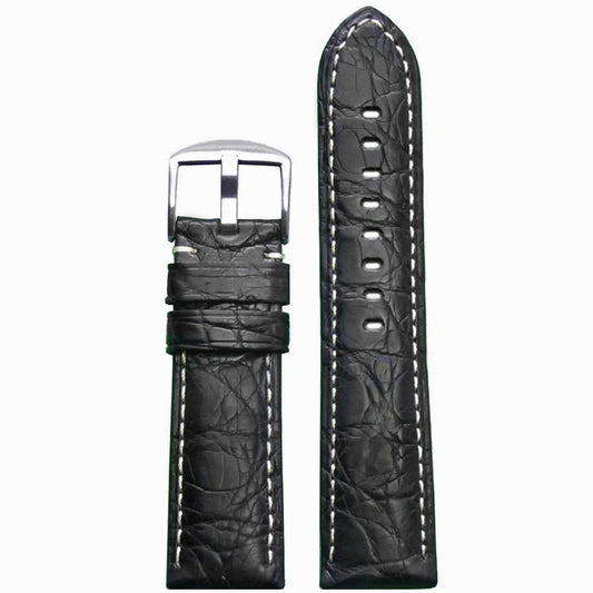 Genuine Crocodile Skin Watch Band | Padded | Matte Finish | Black | White Stitch