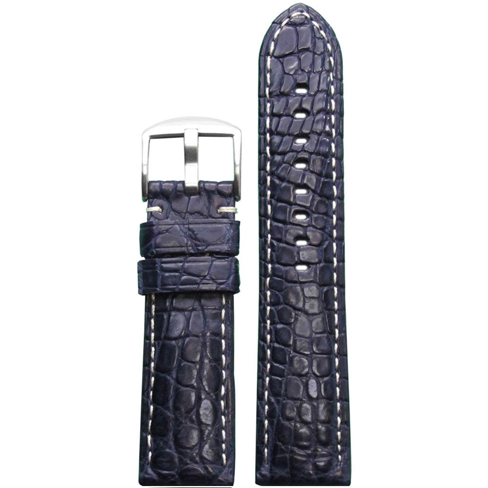 Genuine Crocodile Skin Watch Band | Padded | Matte Finish | Dark Blue | White Stitch