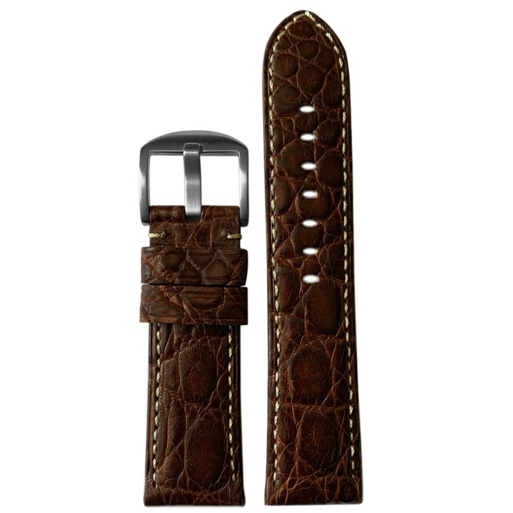 Genuine Crocodile Skin Watch Band | Padded | Matte Finish | Medium Brown | White Stitch