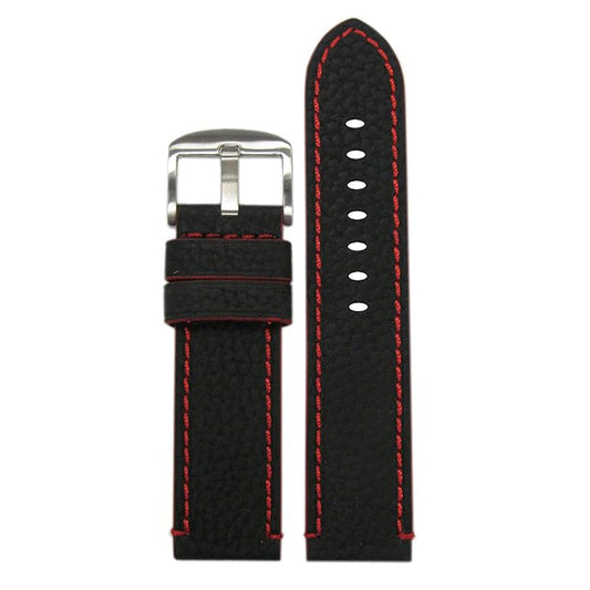 Quick Release | Genuine Crushed Leather Grain Watch Band | Black | Red Stitching