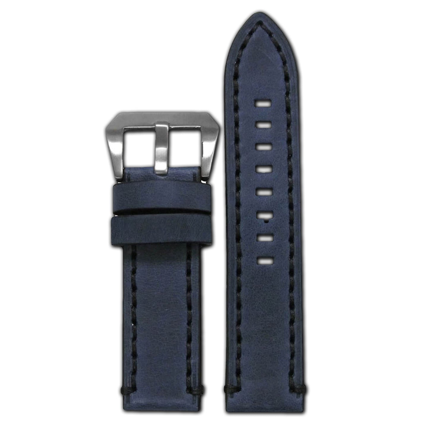 Denim Leather Watch Band | Distressed Denim | Flat | Black Stitch