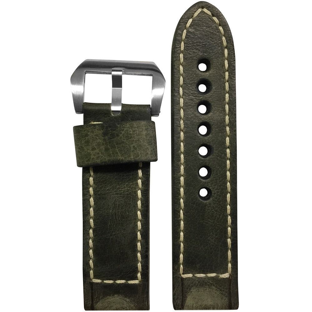 Distressed Vintage Leather Watch Band | Olive | White Box Stitch | For Panerai