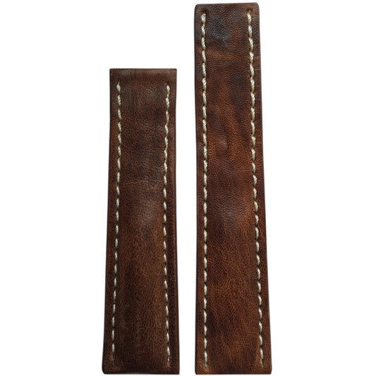 Distressed Vintage Leather Watch Band | Aged Brown | White Stitch | For Breitling Deploy