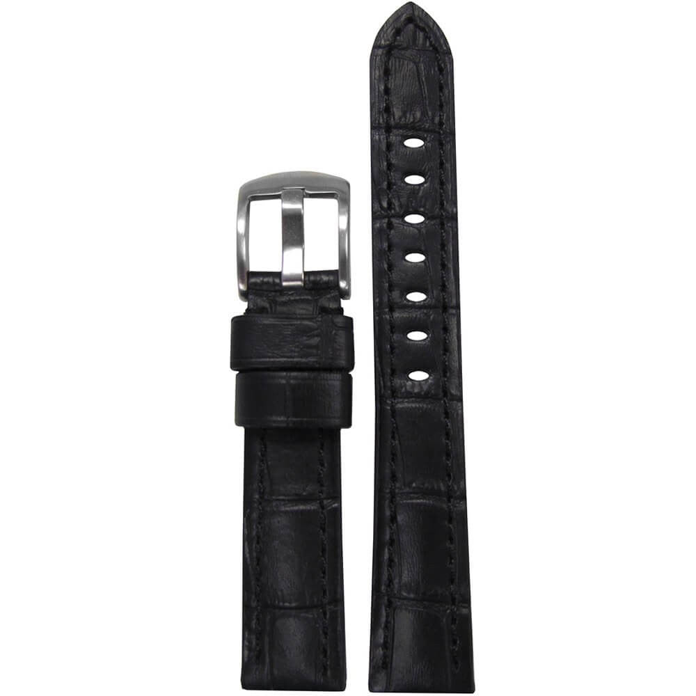 Embossed Leather Gator Print Watch Band | Padded | Black | Black Stitch