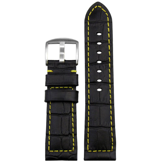 Embossed Leather Gator Print Watch Band | Padded | Black | Yellow Stitch