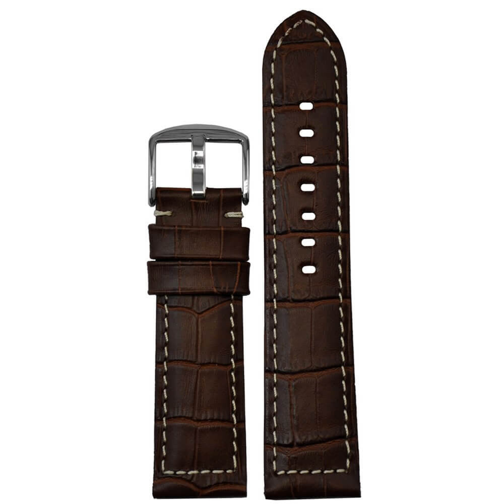 Embossed Leather Gator Print Watch Band | Padded | Brown | White Stitch