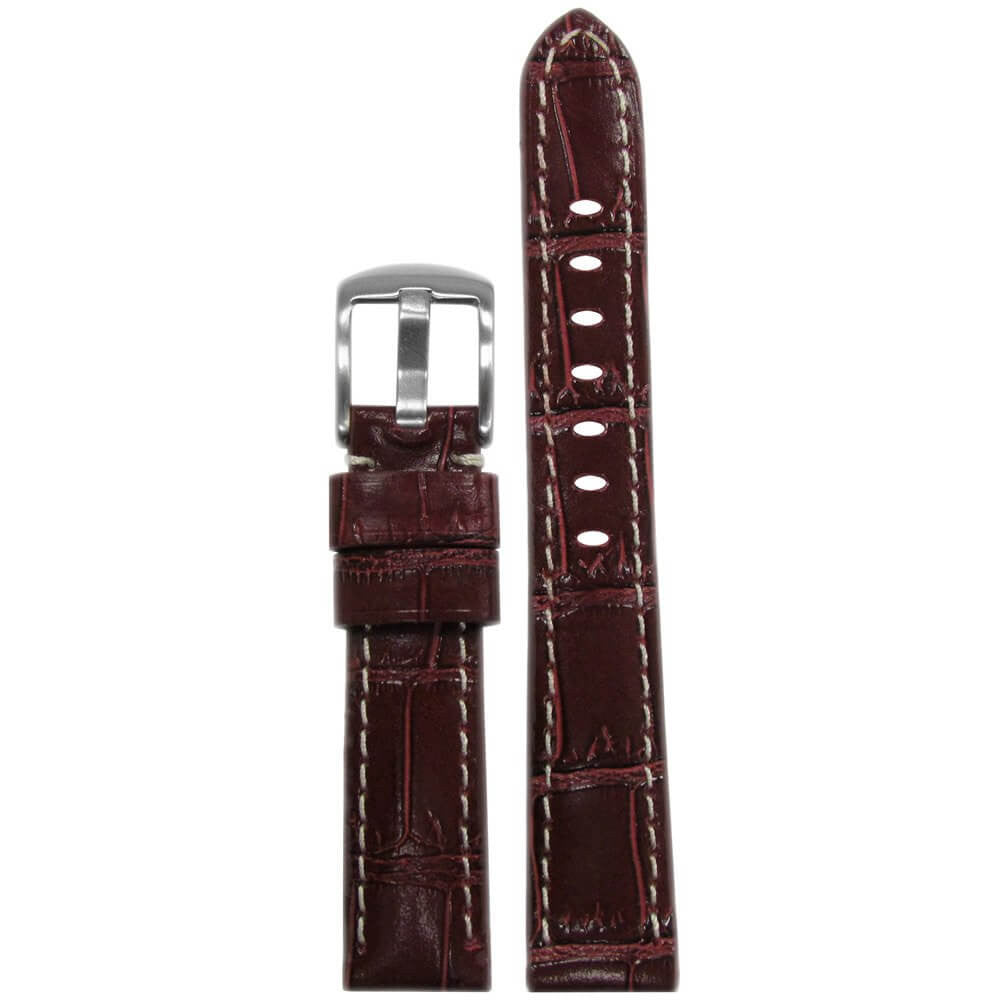 Embossed Leather Gator Print Watch Band | Padded | Burgundy | White Stitch