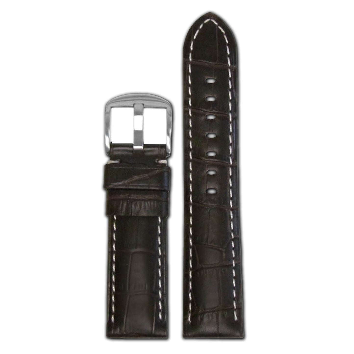 Embossed Leather Gator Print Watch Band | Chocolate | Padded | White Stitch