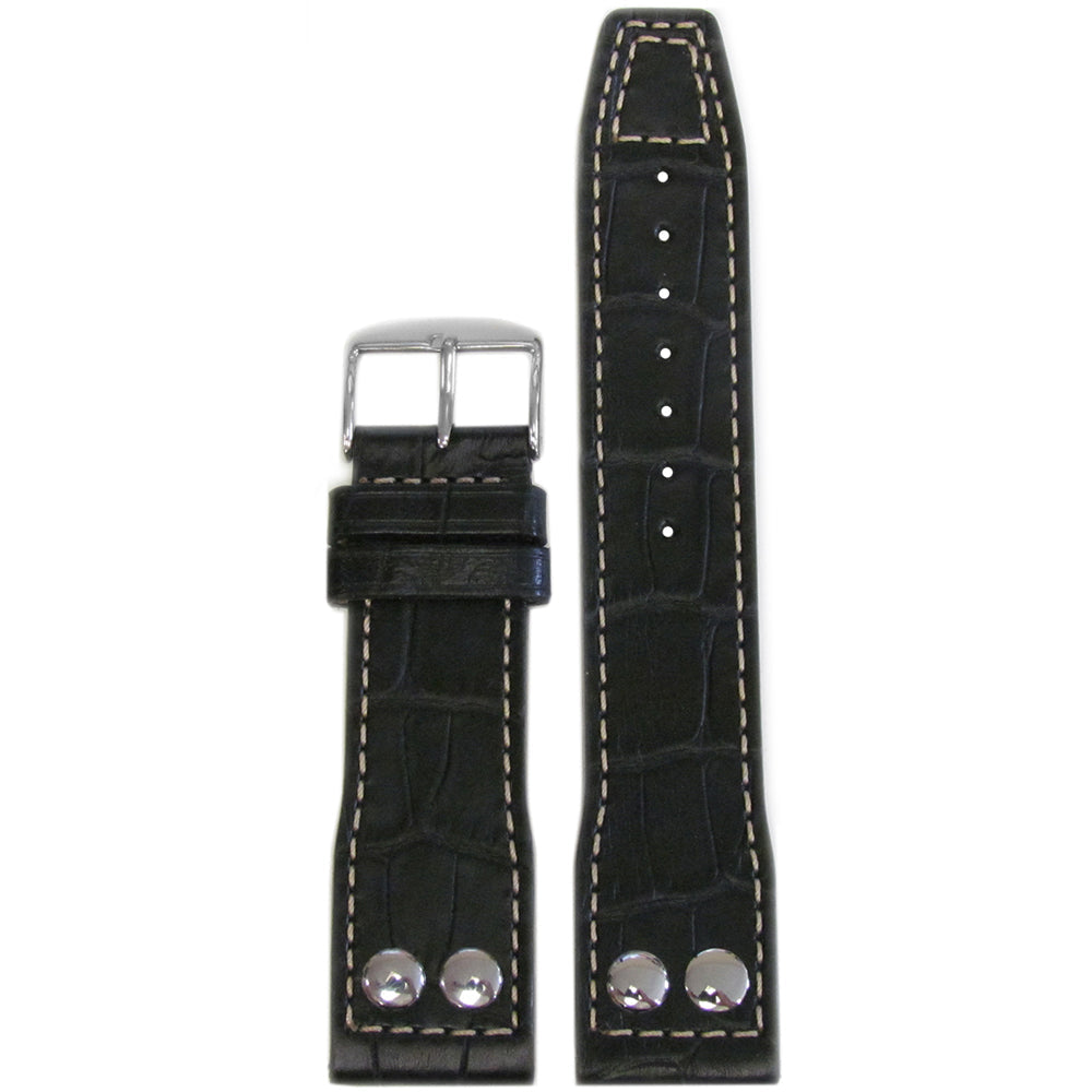 Embossed Leather "Gator" Pilot Style Watch Band | Black | White Stitching | IWC Style