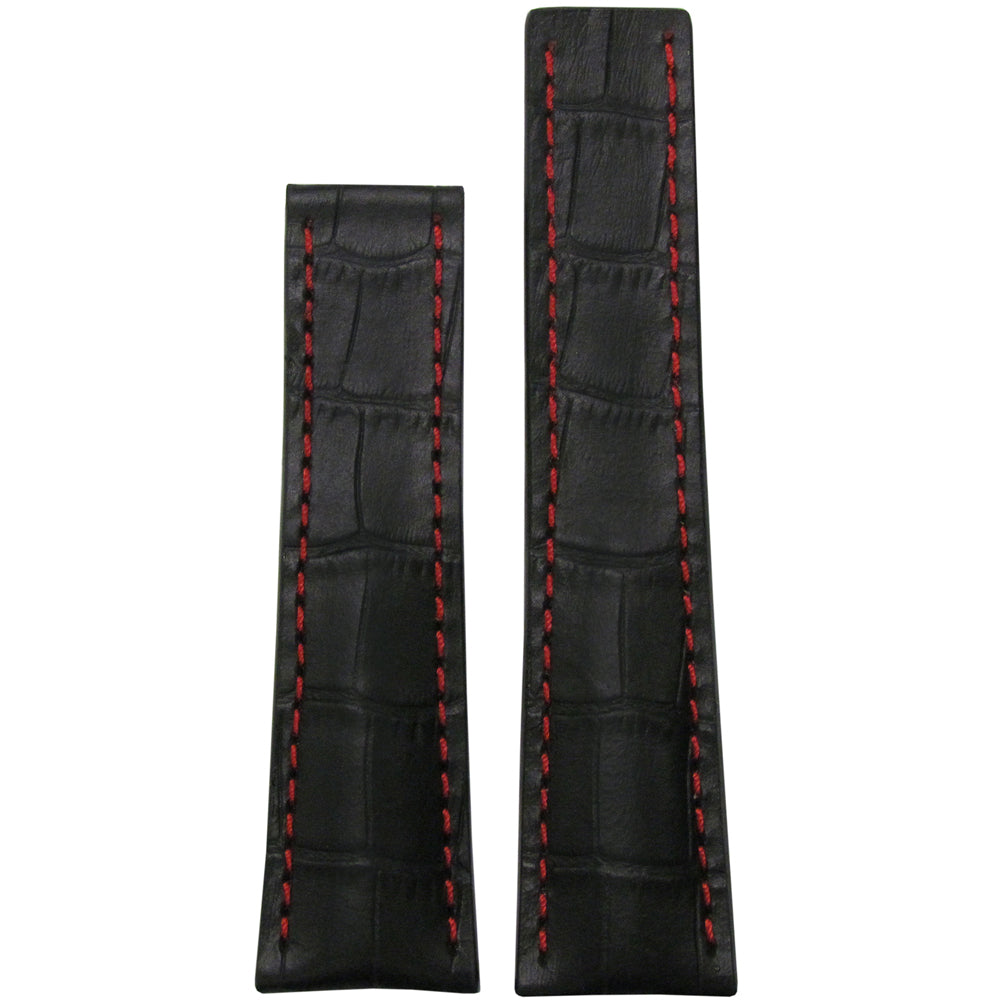 Embossed Leather Watch Band | Gator Print | Black | Red Stitch | For Breitling Deploy