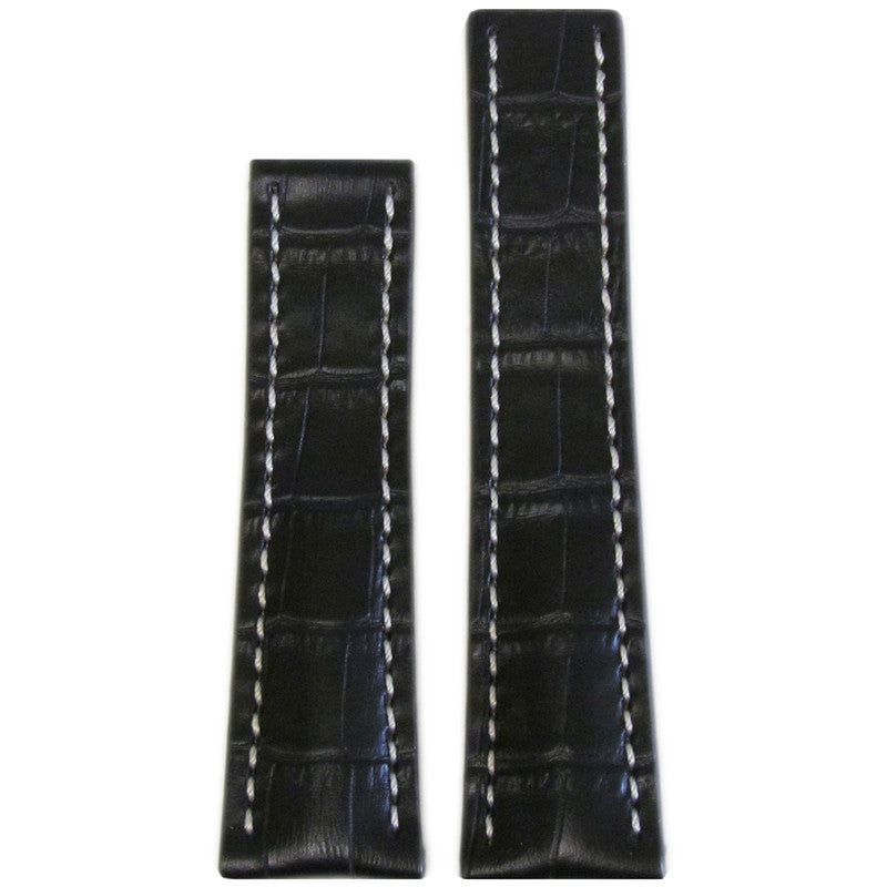 Embossed Leather Watch Band | Gator Print | Black | White Stitch | For Breitling Deploy