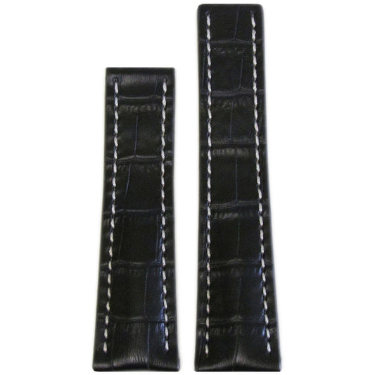 "Gator" Embossed Leather Watch Band | Black | White Stitch | For Breitling Deploy