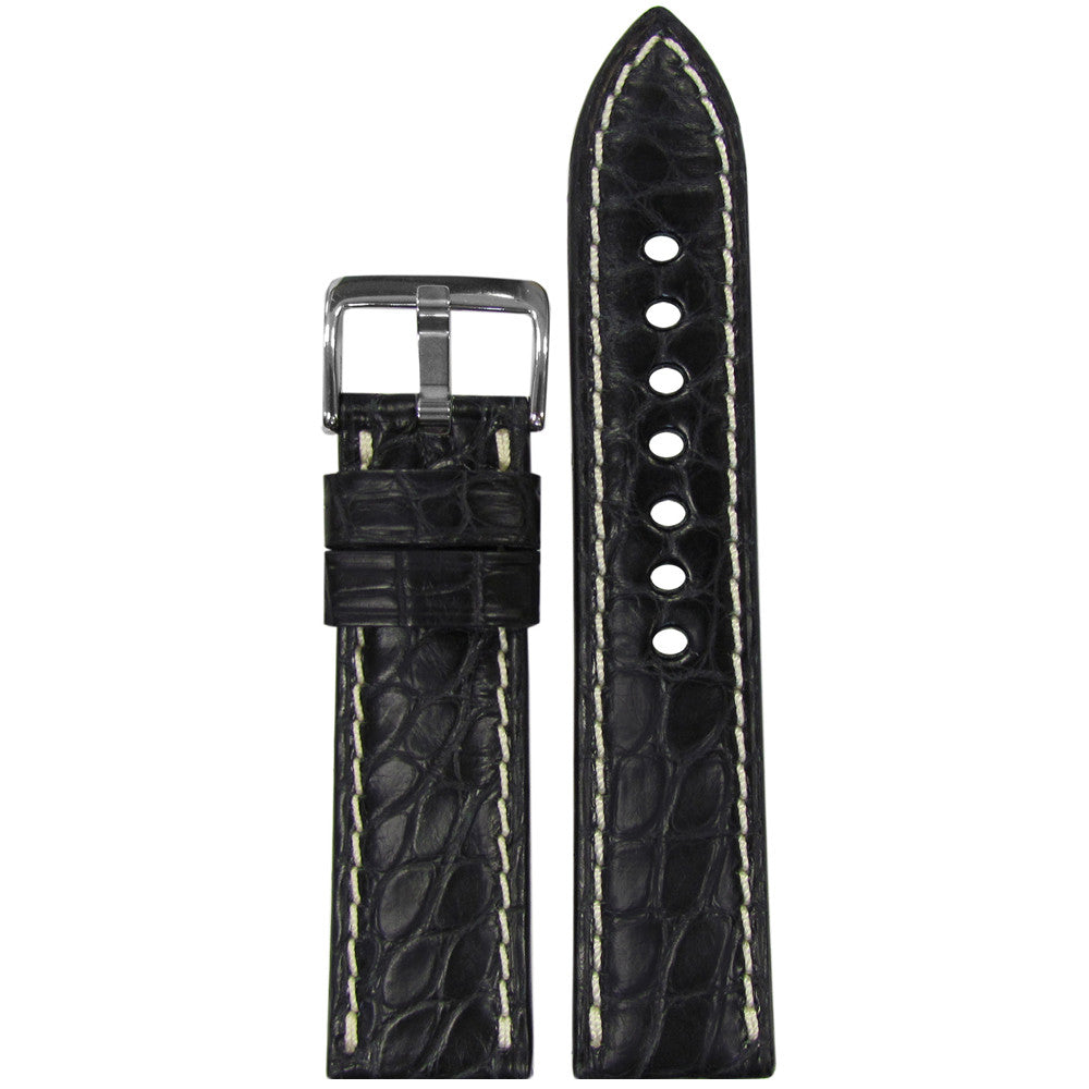 Genuine Alligator Watch Band | Padded | Flank Cut | Black | White Stitch