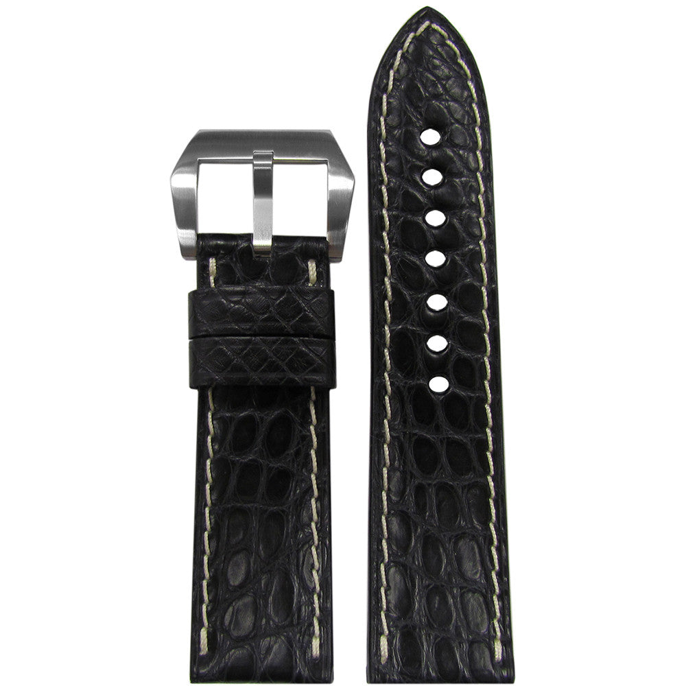 Genuine Alligator Watch Band | Premium Cut | Black | White Stitching