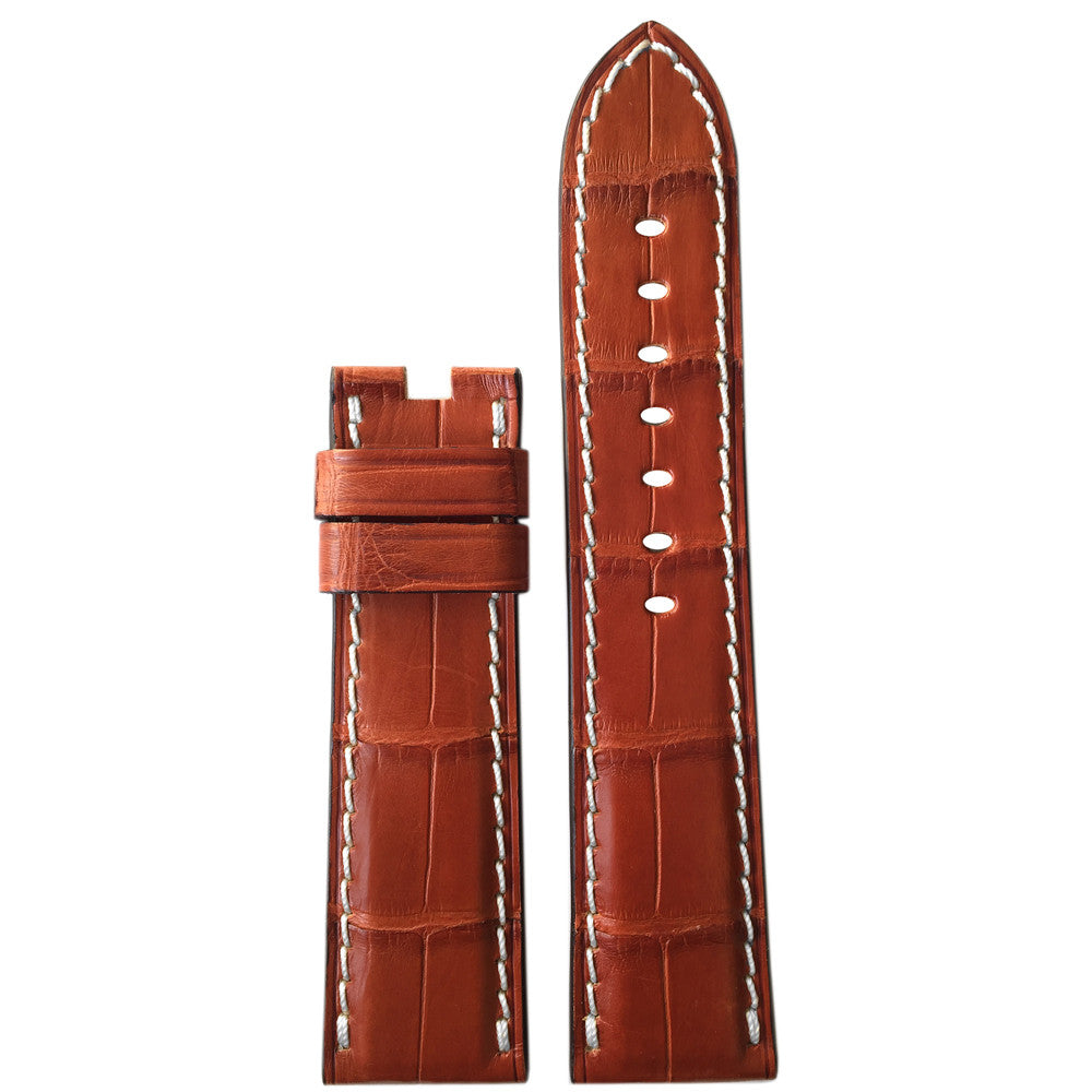 Genuine Alligator Watch Band | Cognac | Matte | White Stitch | For Panerai Deploy