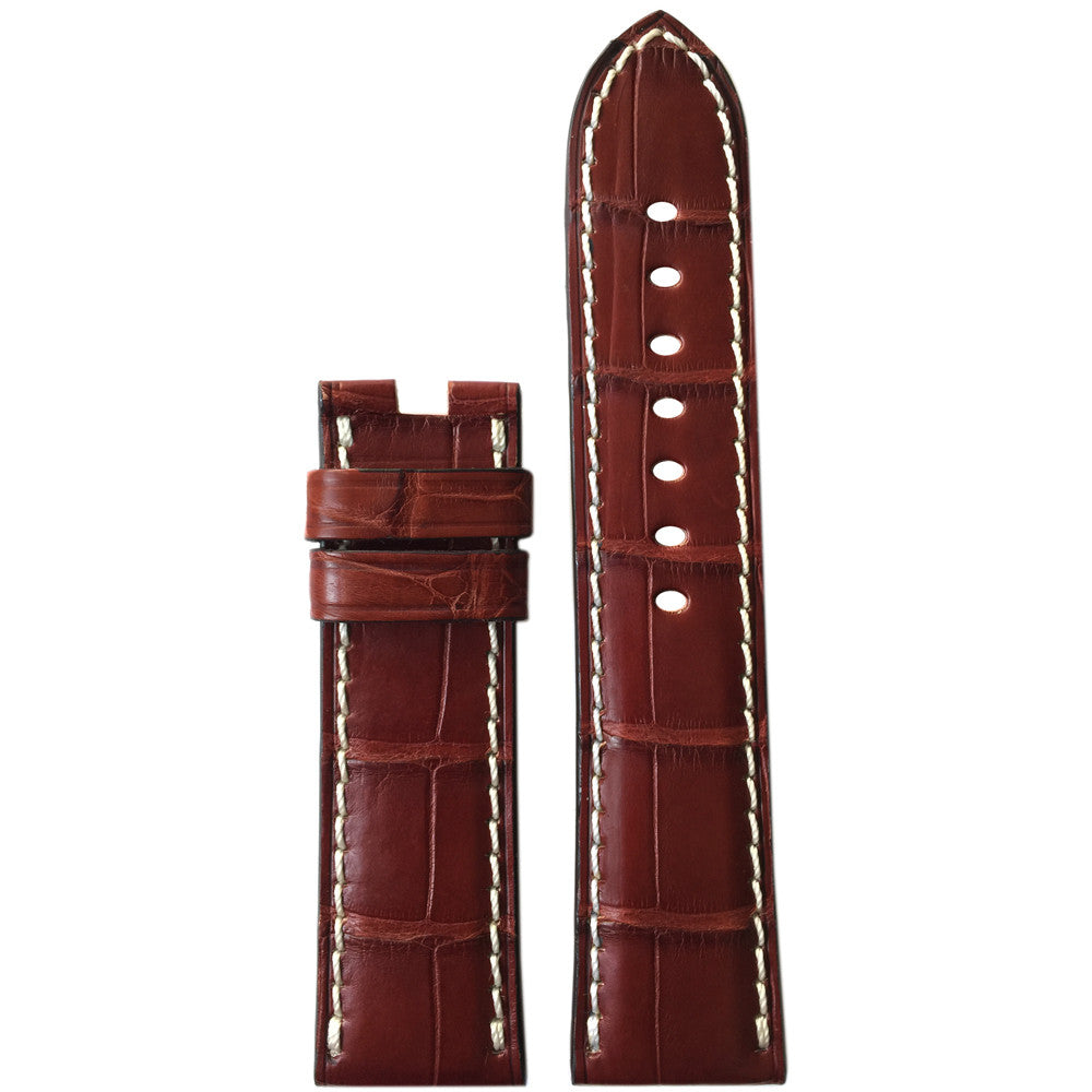 Genuine Alligator Watch Band | Mahogany | Matte | White Stitch | For Panerai Deploy