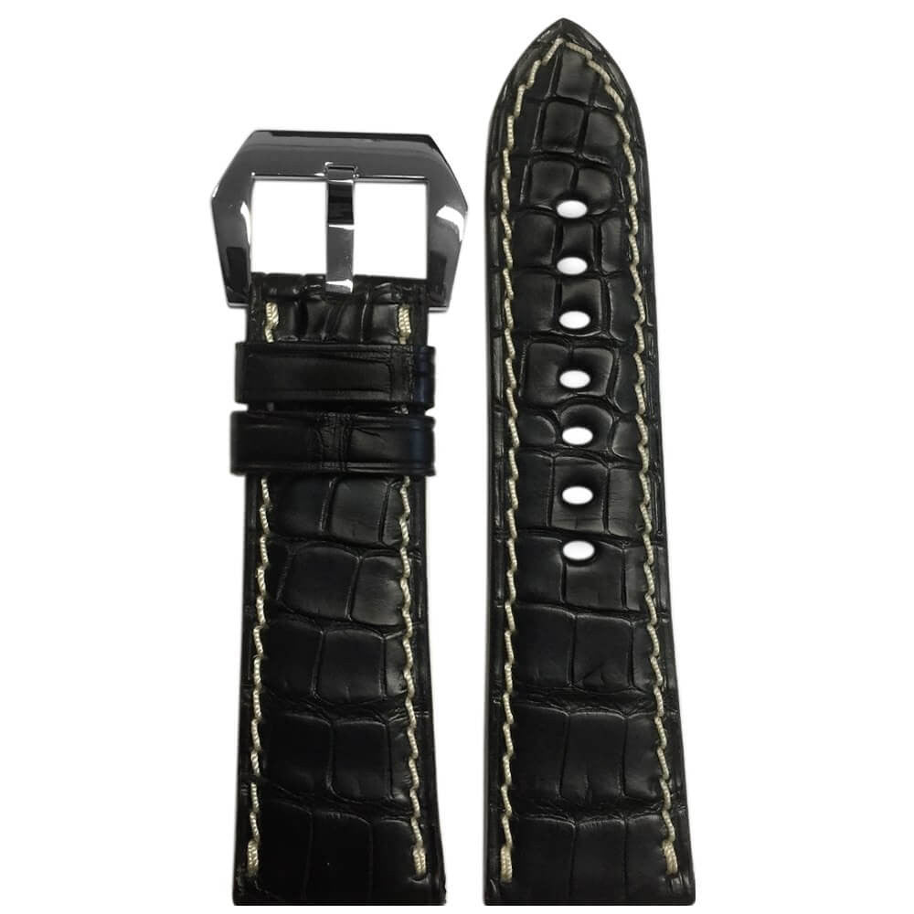 Black Matte Genuine Alligator Watch Band | White Stitch | For Panerai Radiomir