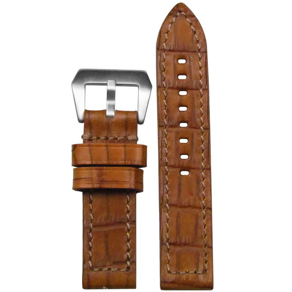 Natural Vintage Embossed Leather Gator Print Watch Band | Flat | Chestnut | Match Stitch