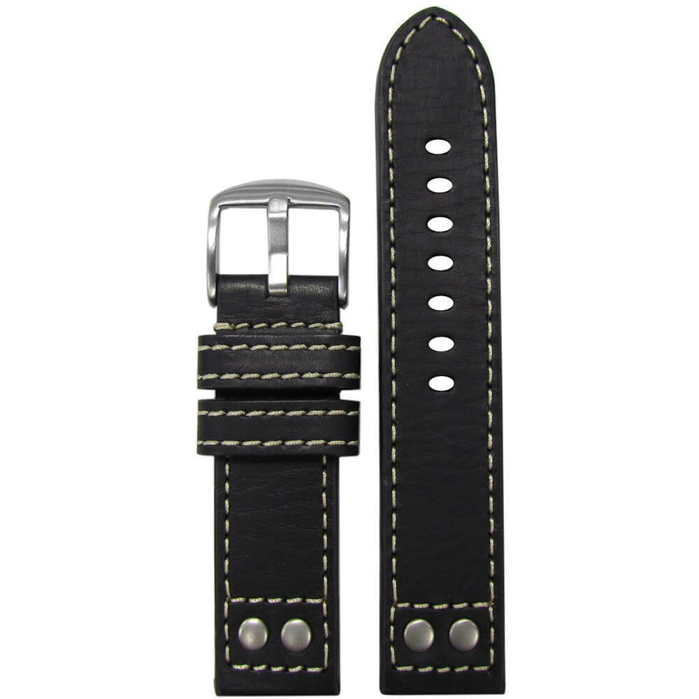 Oiled Leather Watch Band | Pilot Style | Brush Rivets | Flat | Black | White Stitch