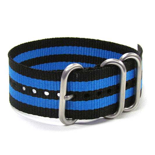 Ballistic Nylon Watch Band | 3 Ring | Black | Double Blue Stripe | Brushed Hardware