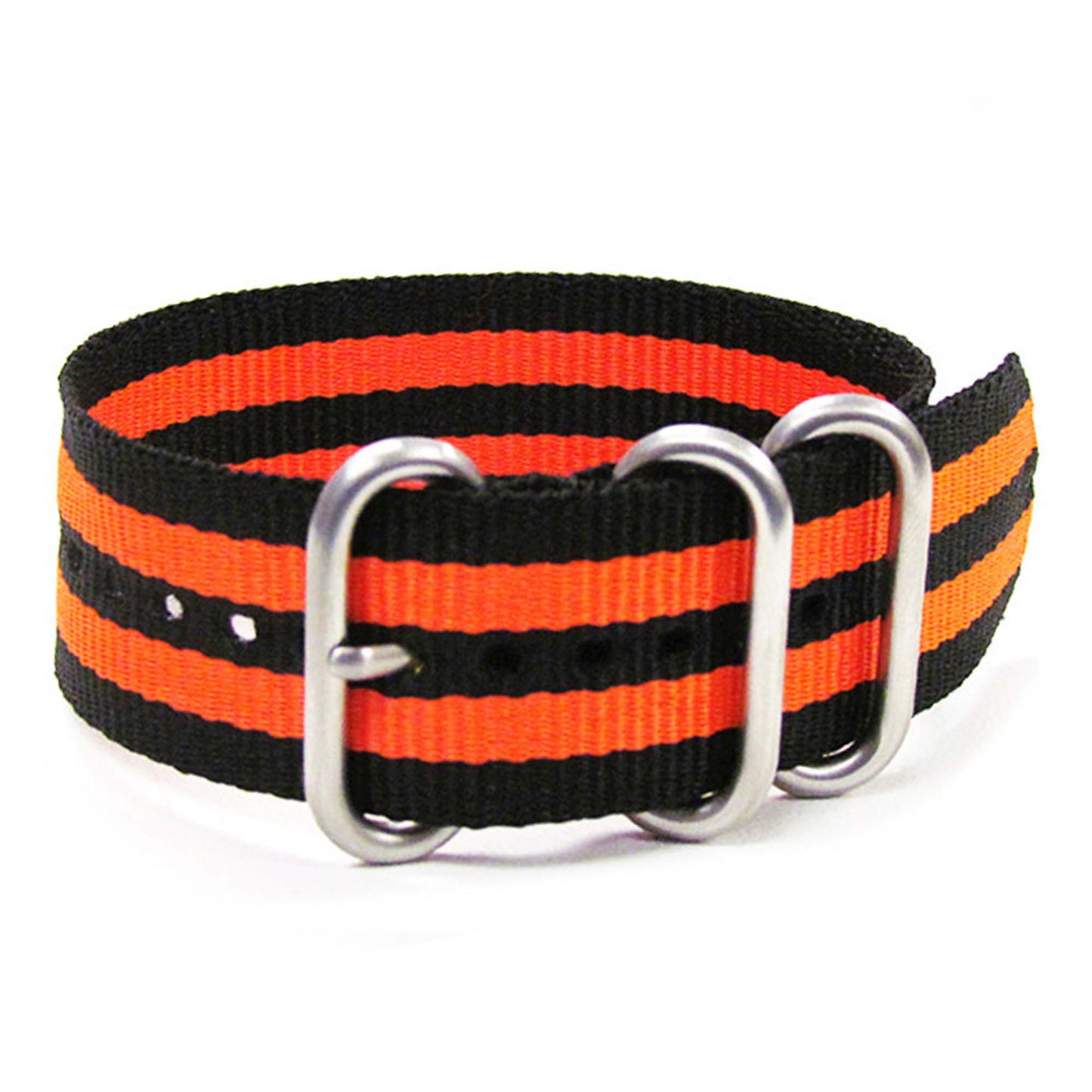 Ballistic Nylon Watch Band | 3 Ring | Black | Double Orange Stripe | Brushed Hardware