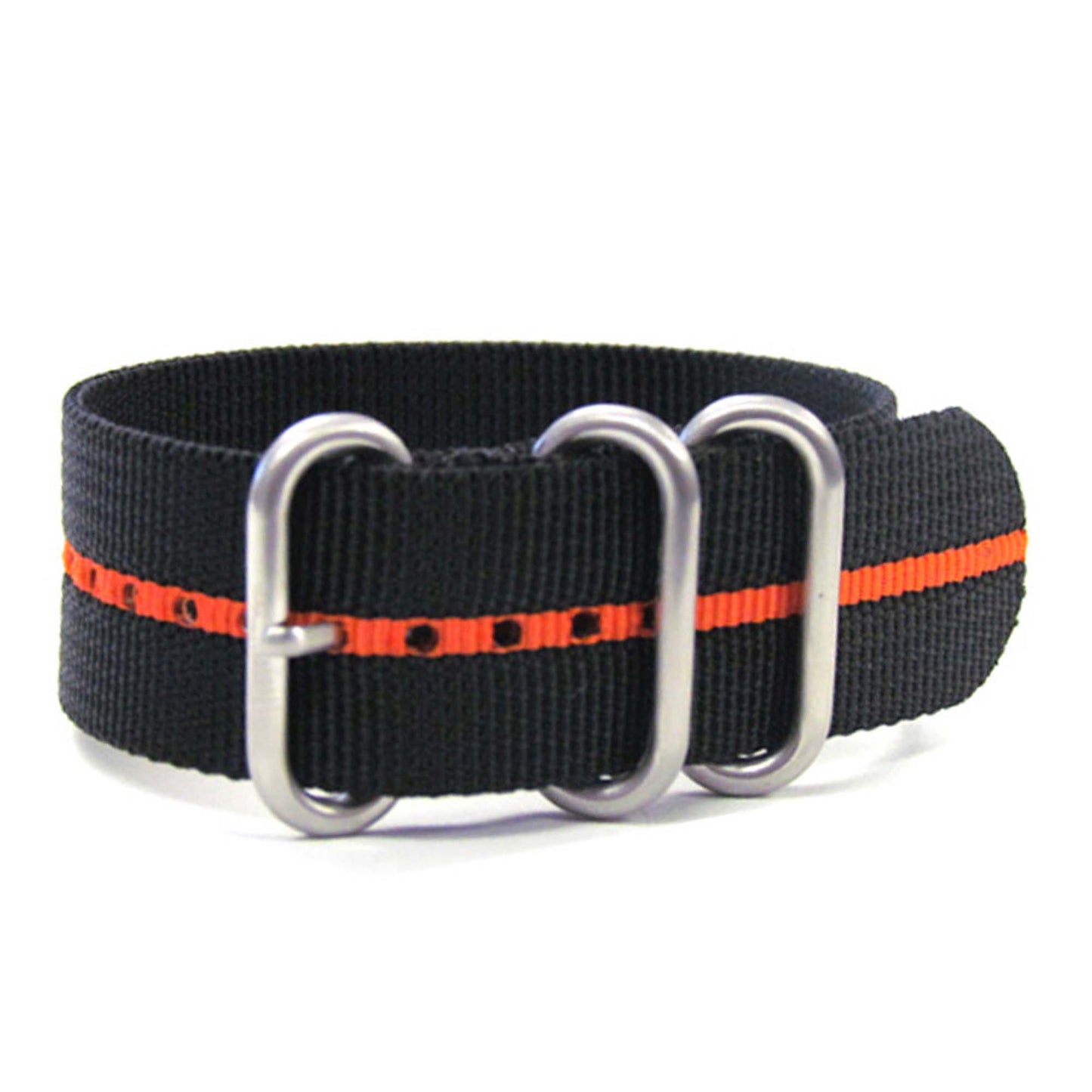 Ballistic Nylon Watch Band | 3 Ring | Black | Orange Stripe | Brushed Hardware