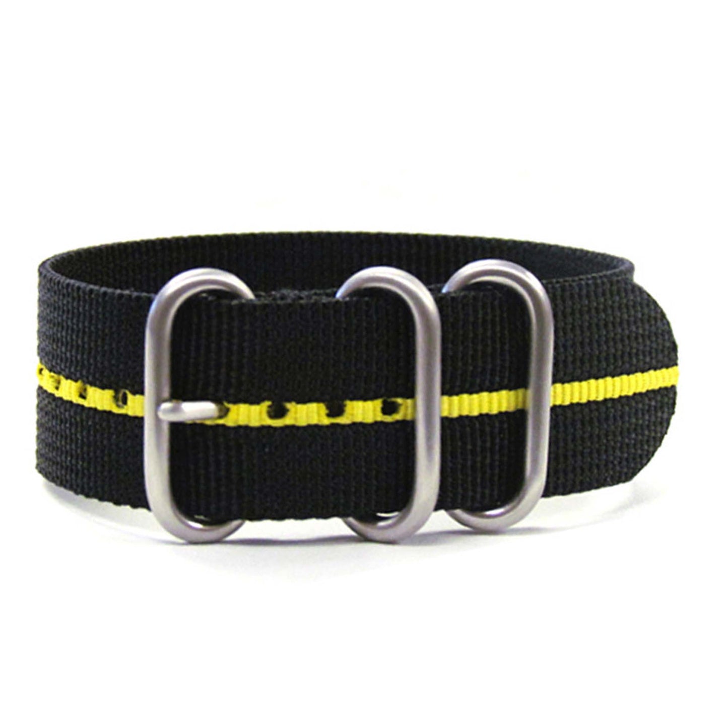 Ballistic Nylon Watch Band | 3 Ring | Black | Yellow Stripe | Brushed Hardware