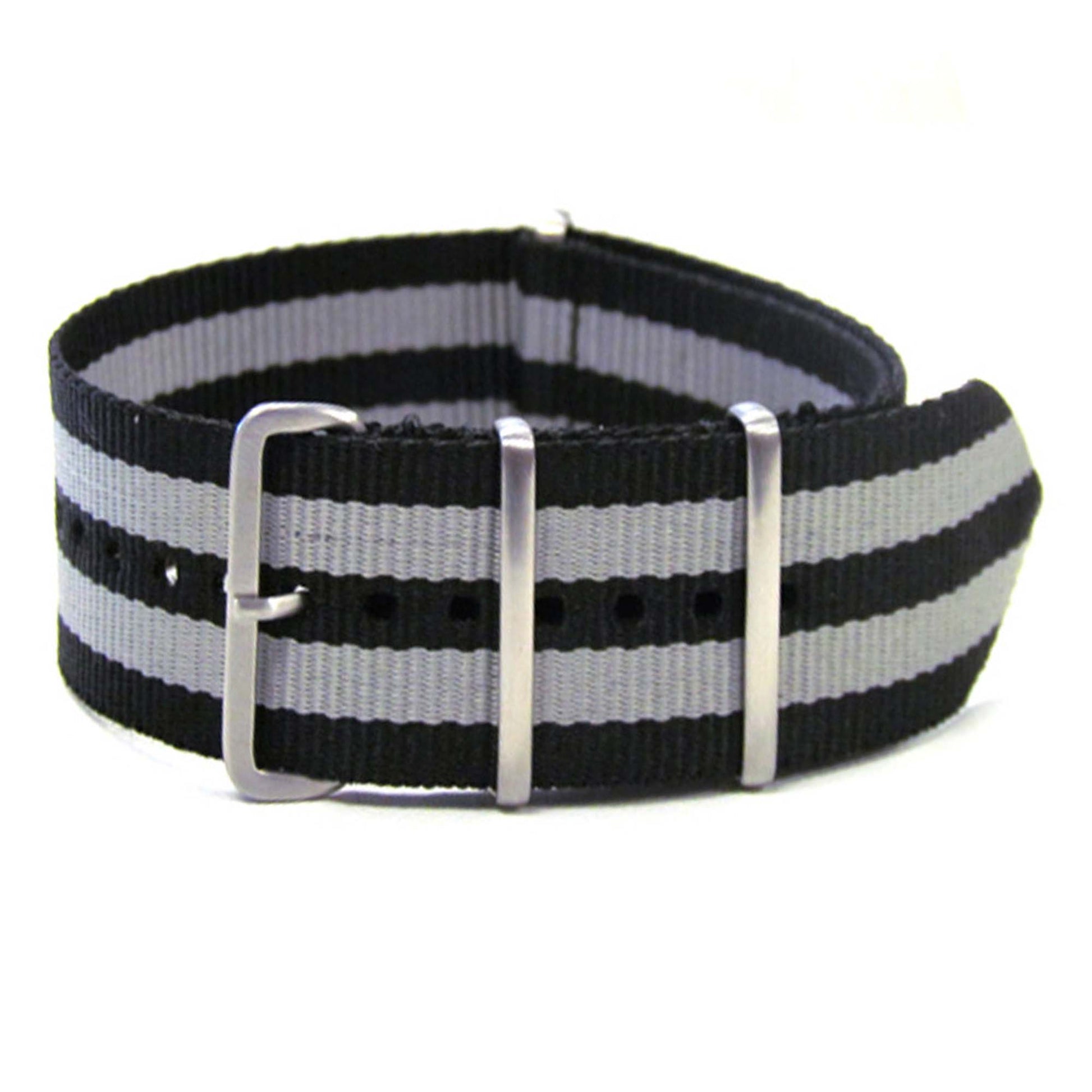 Ballistic Nylon Watch Band | 4 Square Ring | Bond Double Grey Stripe | Brushed Hardware