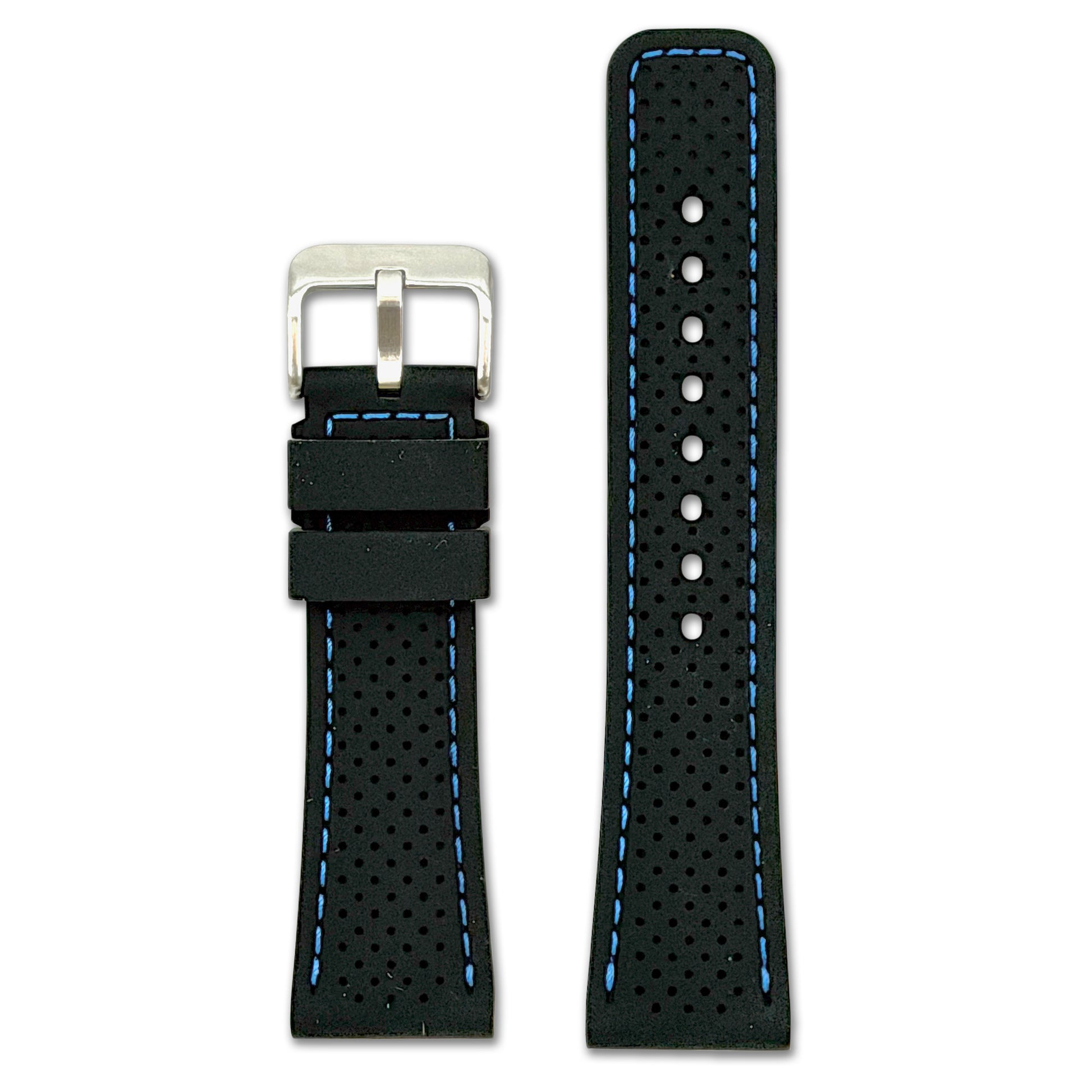 Perforated Sport Silicone Watch Band | Black, Blue Stitch