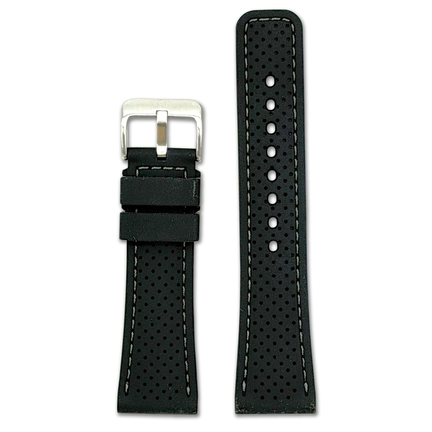 Perforated Sport Silicone Watch Band | Black, Grey Stitch