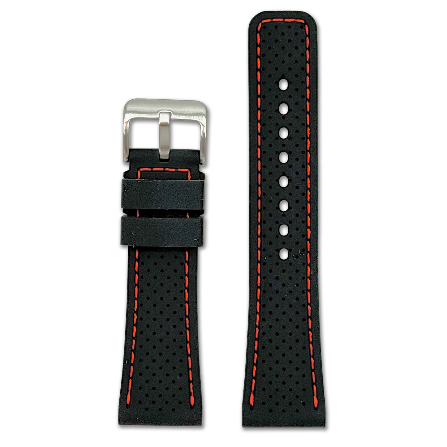 Perforated Sport Silicone Watch Band | Black, Red Stitch